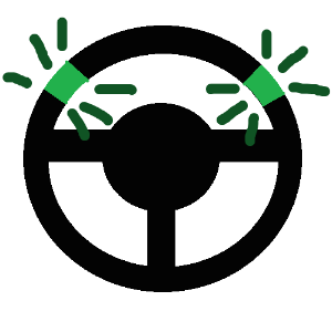 A simple black steering wheel with the 10 o'clock and 2 o'clock positions highlighted green, with darker emphasis marks around them.